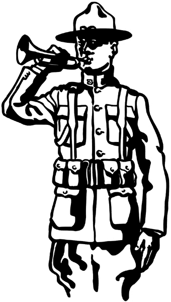Soldier with peaked hat blowing bugle vinyl sticker. Customize on line. Wars and Terrorism 097-0167